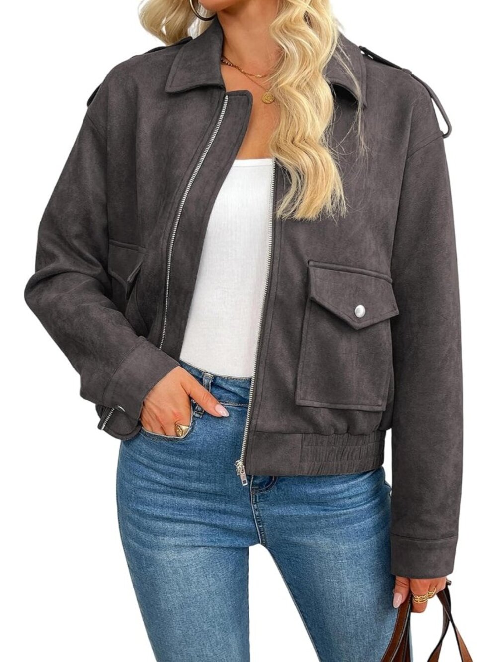 Women's Grey Faux Suede ZIP Up Loose Fit Casual Fall Outerwear Coat Jacket